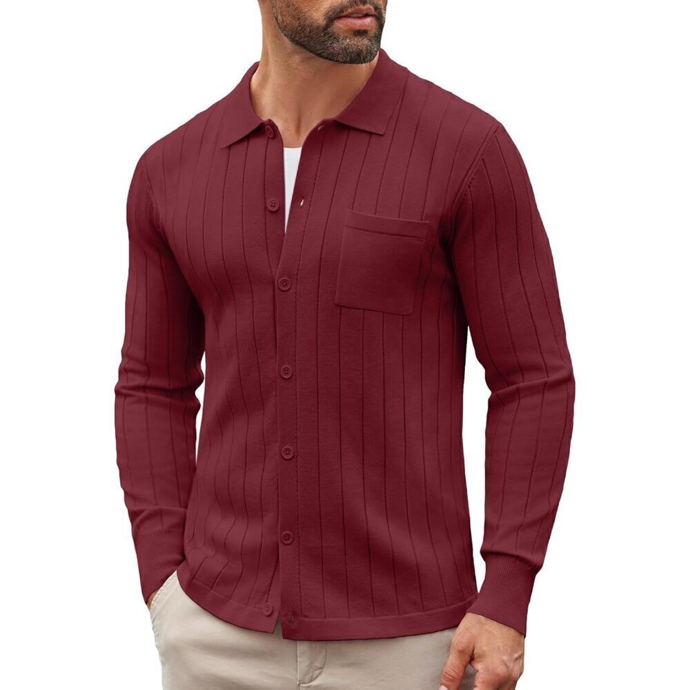 Men Red Casual Knit Polo Shirt Long Sleeve Button Down Sweater Polo with Pocket